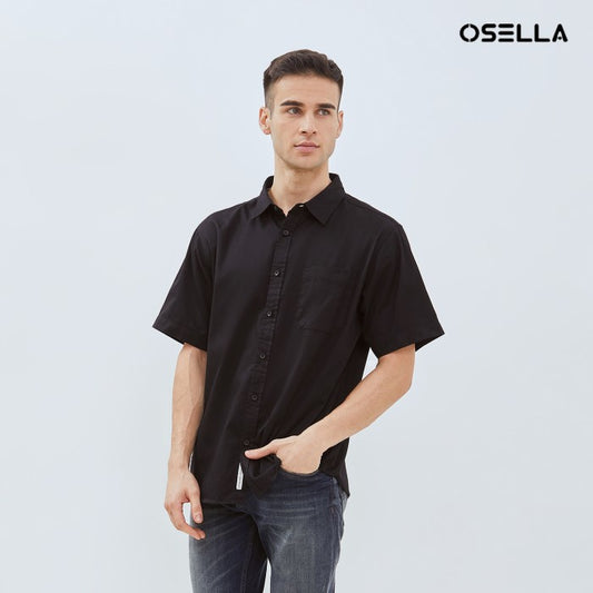 [NEW] OSELLA SOLID HERRINGBONE PATTERN REGULAR FIT SHORT SLEEVE COLLARED SHIRT IN BLACK 2032500743