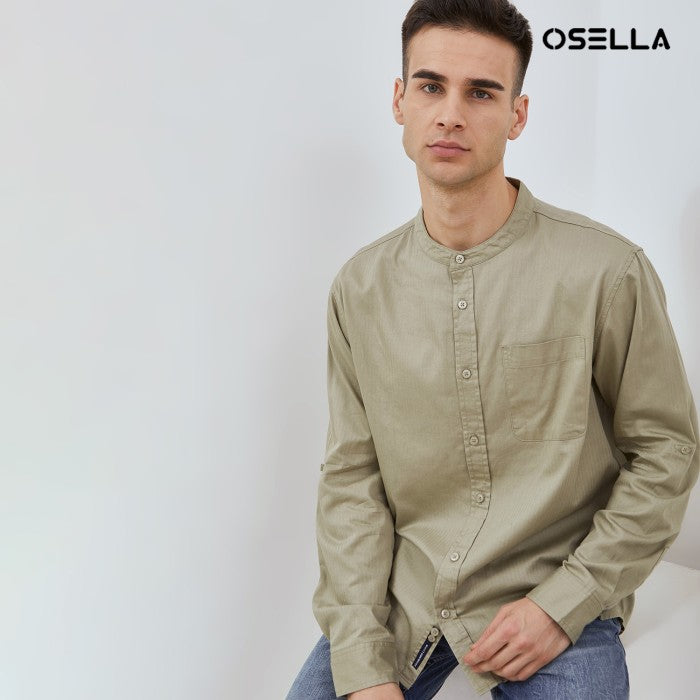 [NEW] OSELLA SOLID HERRINGBONE PATTERN REGULAR FIT LONG SLEEVE COLLARED SHIRT  IN ELM GREEN 2037521198