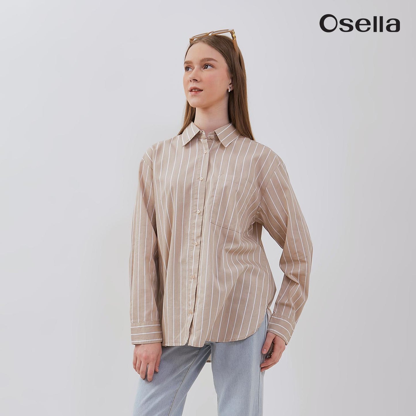 Osella Lucy Reguler Fit Stripe Shirt 21375013 | Atasan Wanita Garis Lengan Panjang