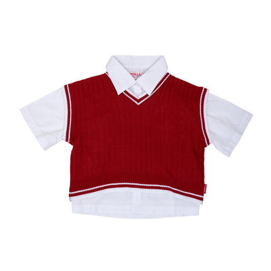 Osella Solid White Shirt Additional Red Knit Vest