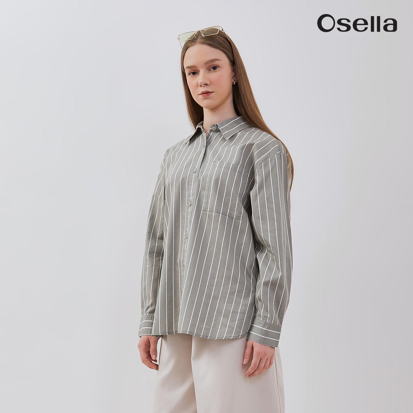 Osella Lucy Reguler Fit Stripe Shirt 21375013 | Atasan Wanita Garis Lengan Panjang
