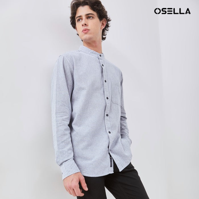 [NEW] OSELLA STRIPED SHANGHAI COLLARED LONG SLEEVE SHIRT IN BLUE AND WHITE 2037521042 | Atasan Kemeja Pria Lengan Panjang Lebaran