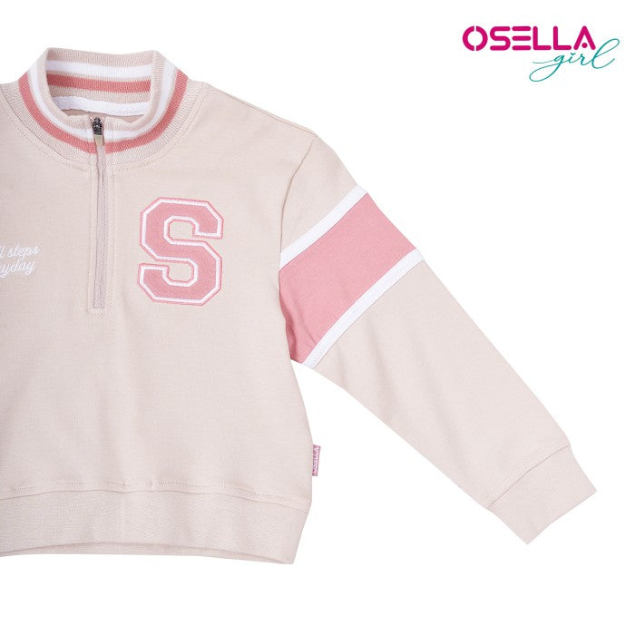 [NEW] Osella Half Zipper Sweater In Beige And Pink Combination On The Arms 2312400689 | Sweater Anak Perempuan