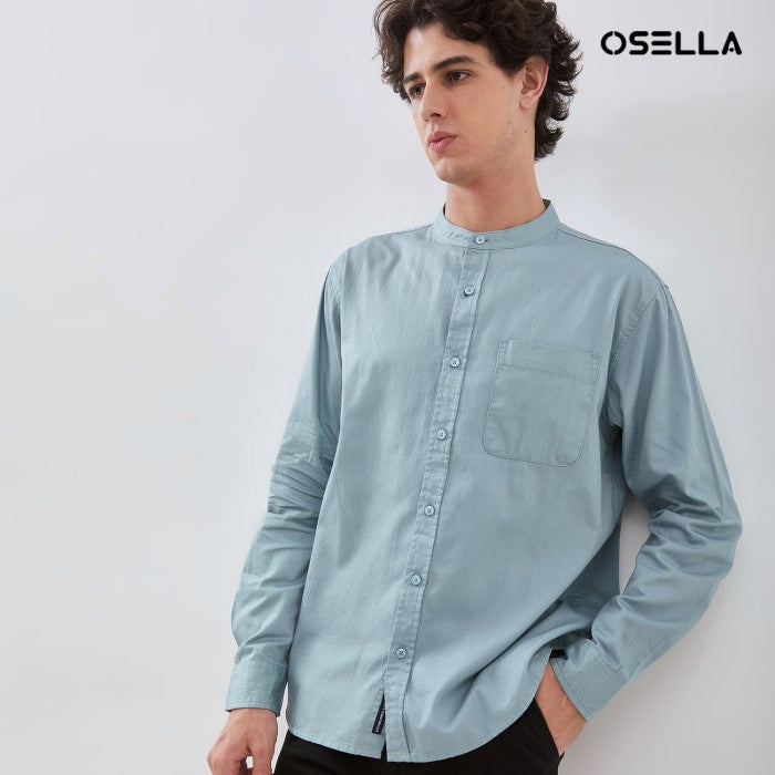 [NEW] OSELLA HERRINGBONE LONG SLEEVE SHANGHAI COLLAR SHIRT IN SILVER BLUE