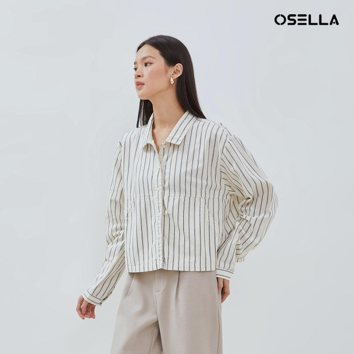 [NEW] OSELLA LEXA STRIPED SHACKET IN OFF WHITE AND NAVY 2137500301 | Atasan Garis Garis Lengan Panjang