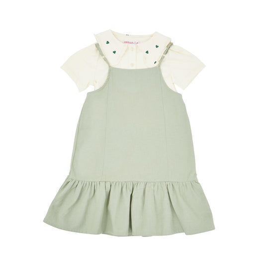 [NEW] Osella Overall Mini Dress With Inner Wide Collar Print T-Shirt In Sage Green 2356500177 | Gaun Anak Perempuan