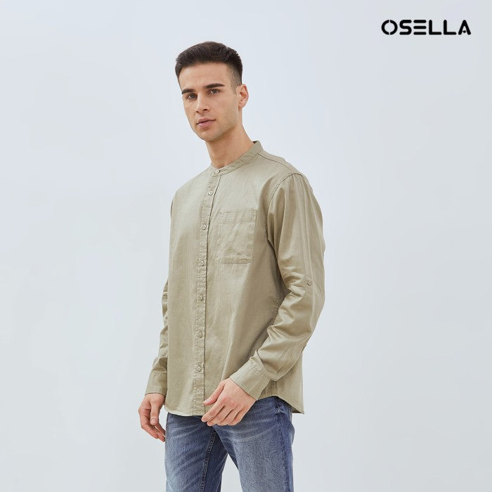 [NEW] OSELLA SOLID HERRINGBONE PATTERN REGULAR FIT LONG SLEEVE COLLARED SHIRT  IN ELM GREEN 2037521198