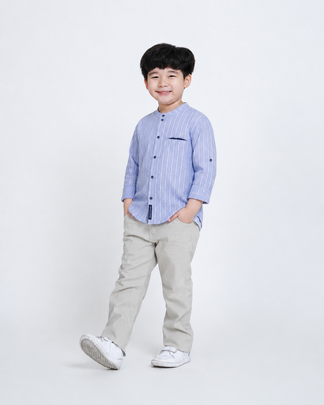 Osella Kids Stripe Pattern Shanghai Collar Long Sleeve Shirt In Light Indigo And White