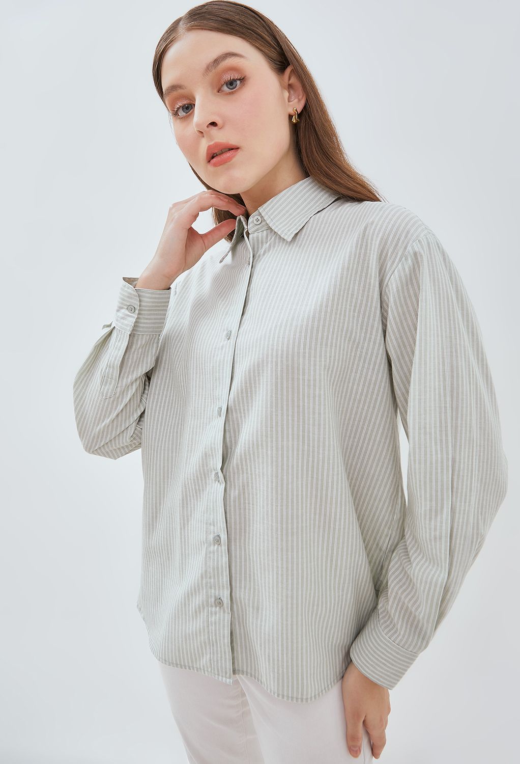 Osella Striped Collared Shirt In Mint Green dan White 2137500867