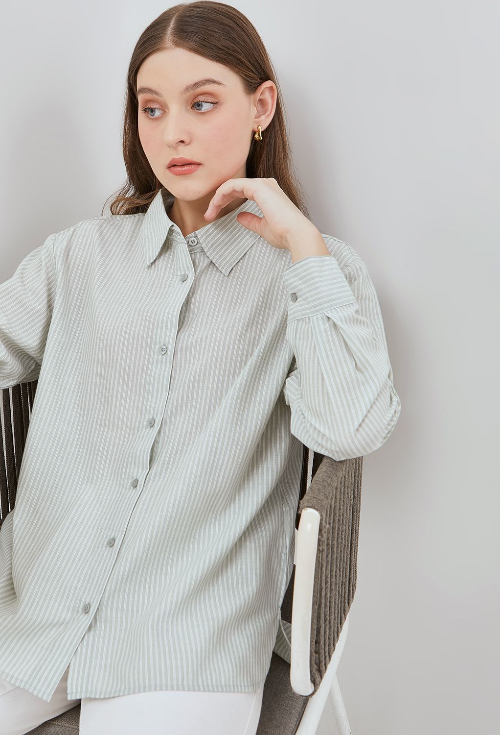 Osella Striped Collared Shirt In Mint Green dan White 2137500867