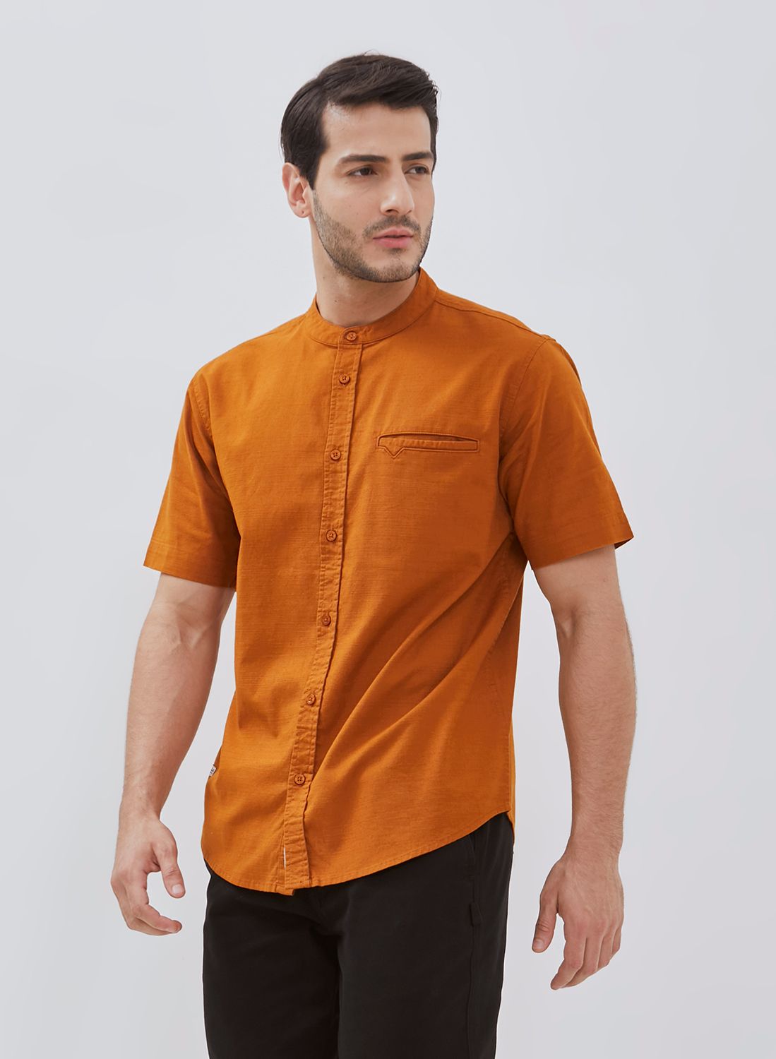 Osella Solid Cotton Slub Shanghai Collared Short Sleeve Shirt
