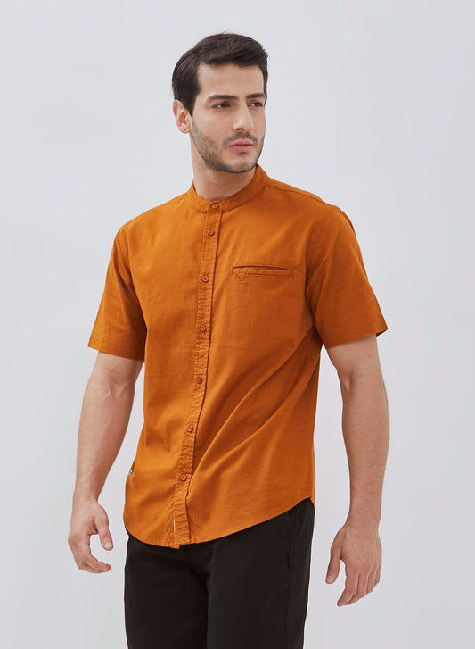 Osella Solid Cotton Slub Shanghai Collared Short Sleeve Shirt