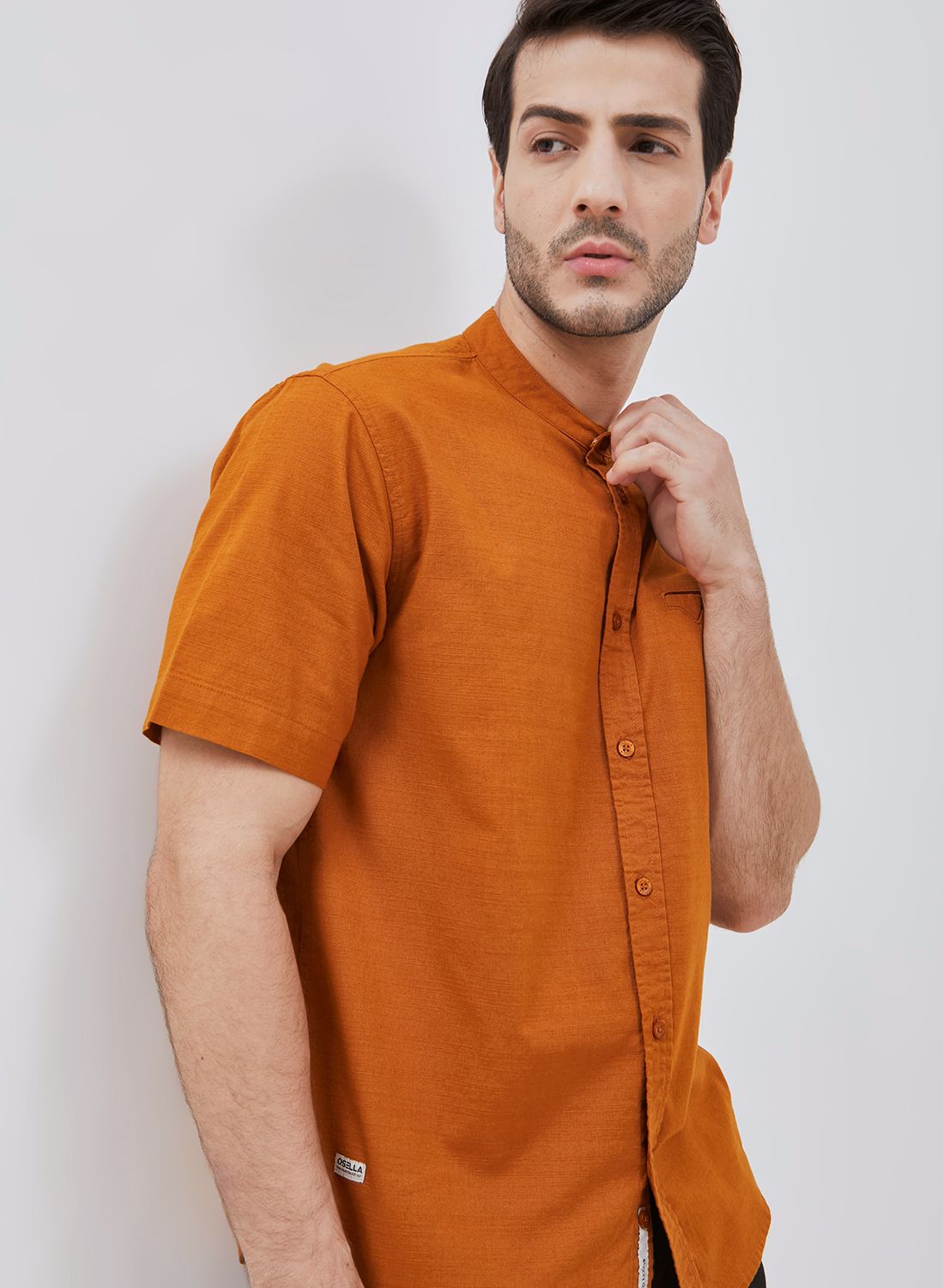 Osella Solid Cotton Slub Shanghai Collared Short Sleeve Shirt