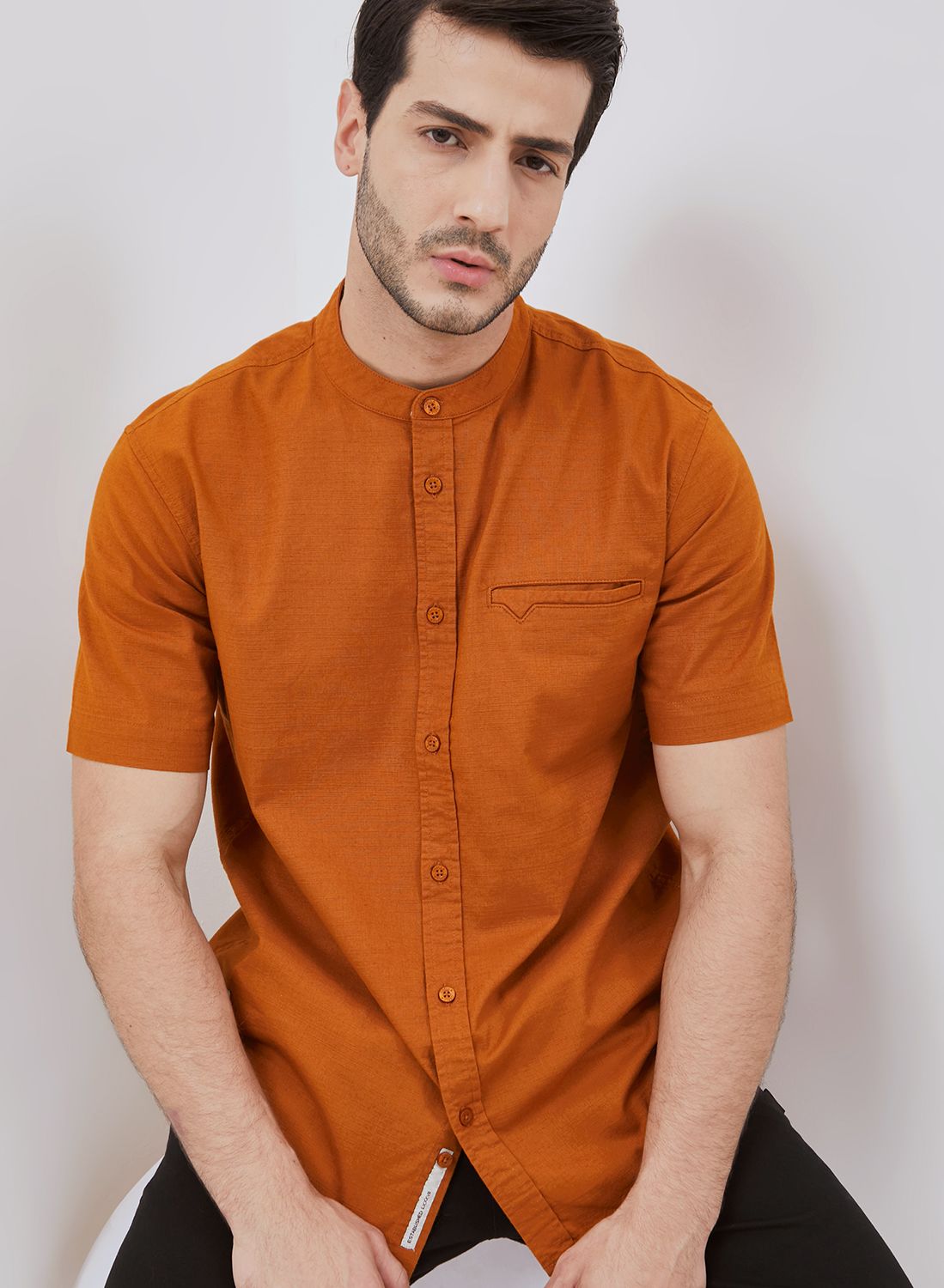 Osella Solid Cotton Slub Shanghai Collared Short Sleeve Shirt
