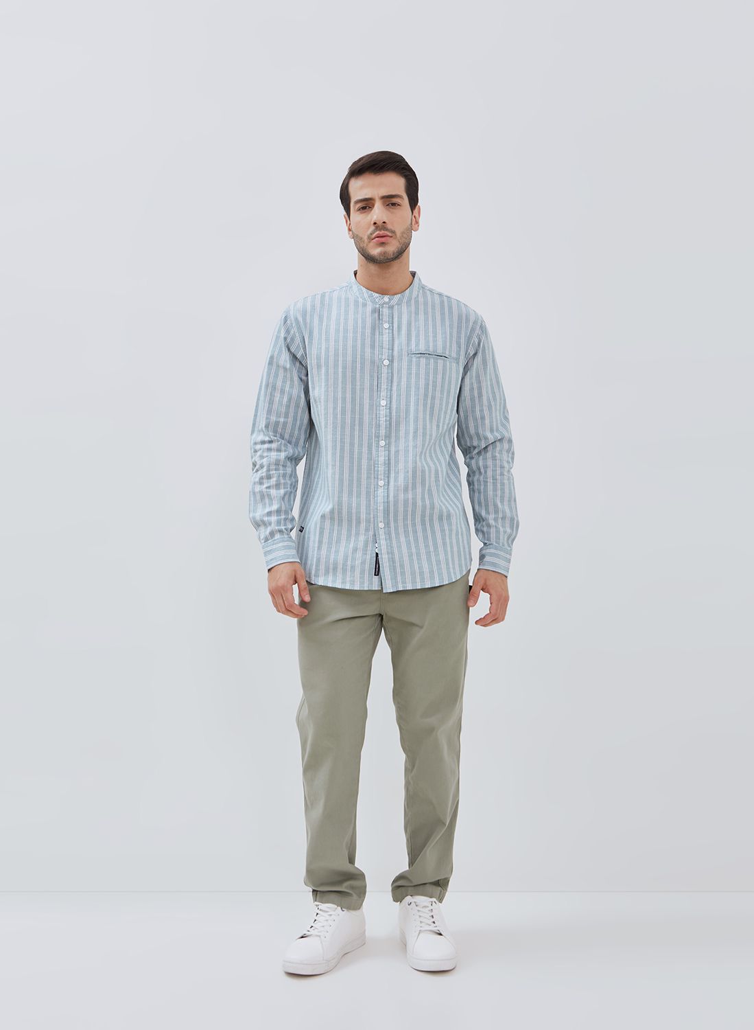 Osella Long Shanghai Collared Sleeve Striped Pattern Shirt In Aqua Green And Broken White