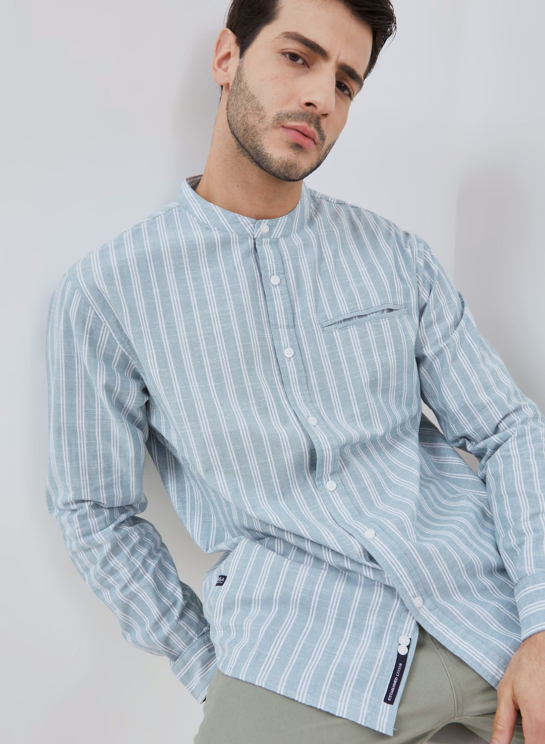 Osella Long Shanghai Collared Sleeve Striped Pattern Shirt In Aqua Green And Broken White