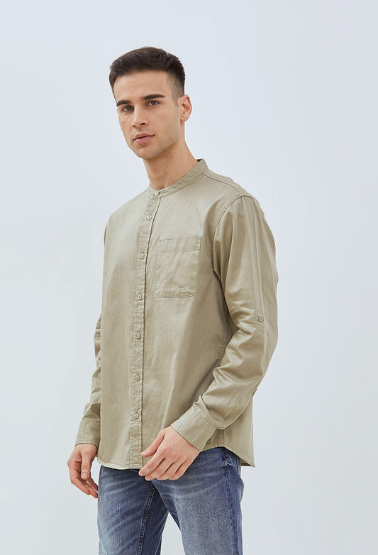 Osella Solid Herringbone Pattern Regular Fit Long Sleeve Collared Shirt  In Elm Green 2037521198