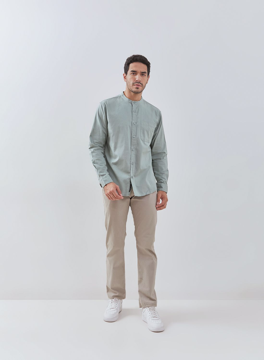 Osella Solid Linen Look Shanghai Collared Long Sleeve Shirt