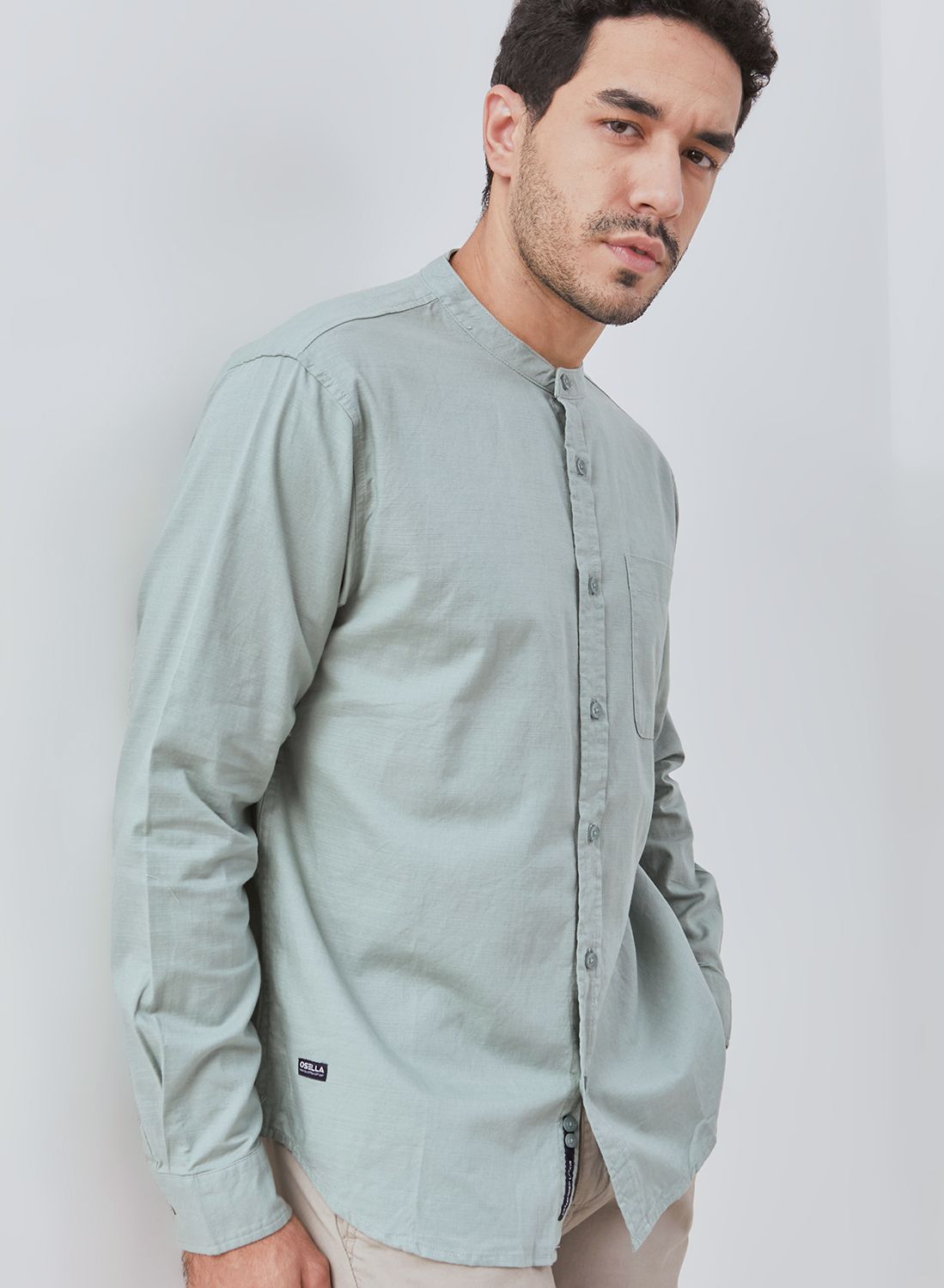 Osella Solid Linen Look Shanghai Collared Long Sleeve Shirt