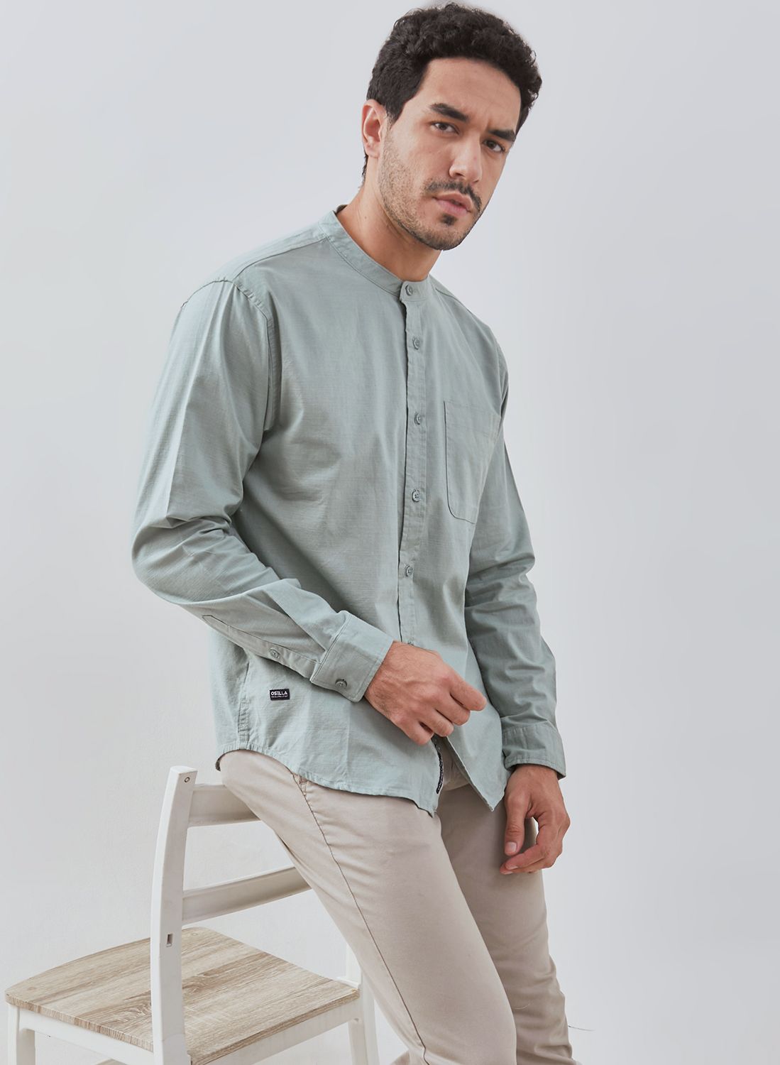 Osella Solid Linen Look Shanghai Collared Long Sleeve Shirt