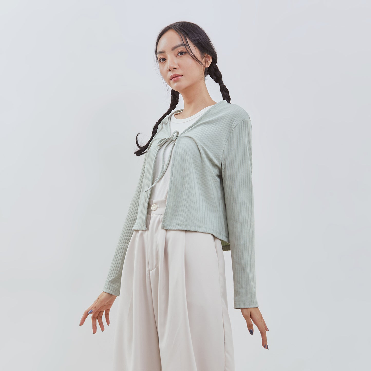 Osella Long Sleeved Cardigan With Inner Tank In Sage Green