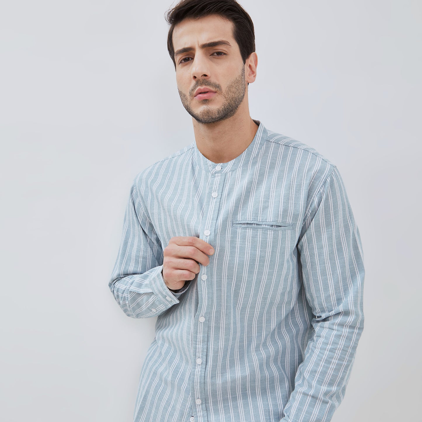 Osella Long Shanghai Collared Sleeve Striped Pattern Shirt In Aqua Green And Broken White 2037500769