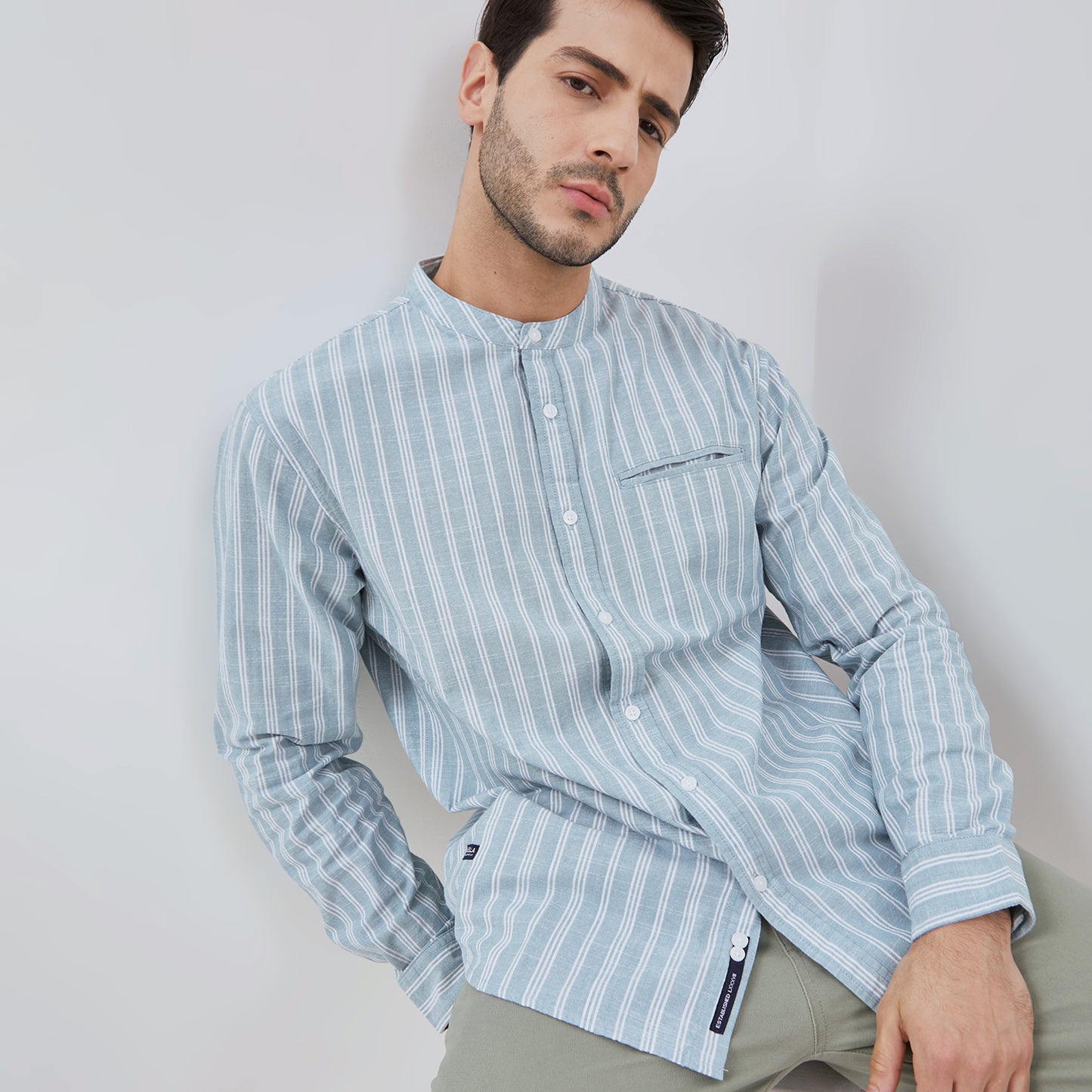 Osella Long Shanghai Collared Sleeve Striped Pattern Shirt In Aqua Green And Broken White 2037500769