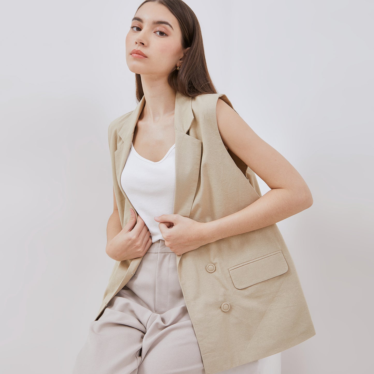 Osella Long Sleeveless Vest In Beige