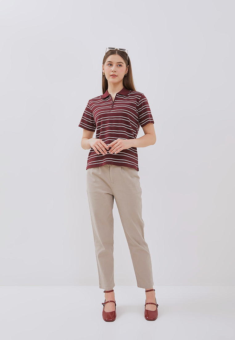 Osella Julia Stripe Rib-Knit Half Polo Shirt