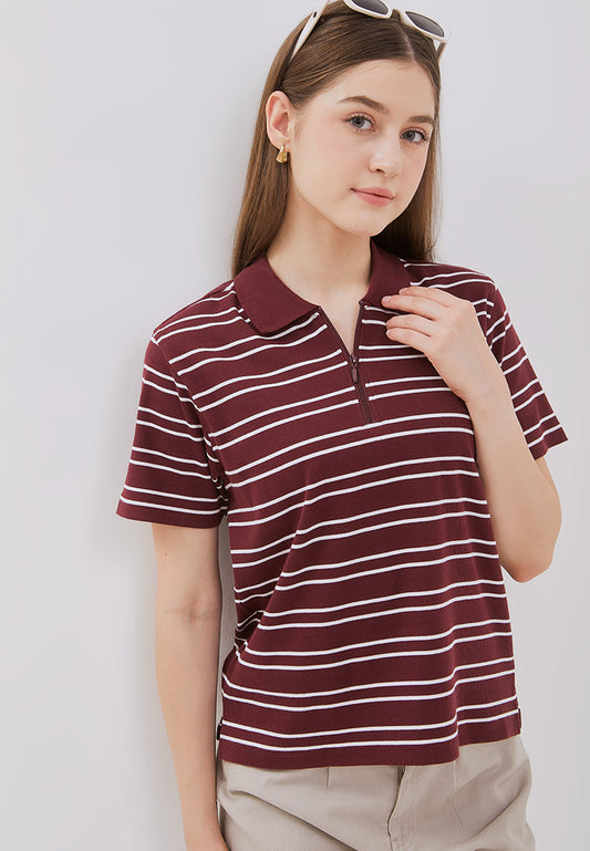 Osella Julia Stripe Rib-Knit Half Polo Shirt