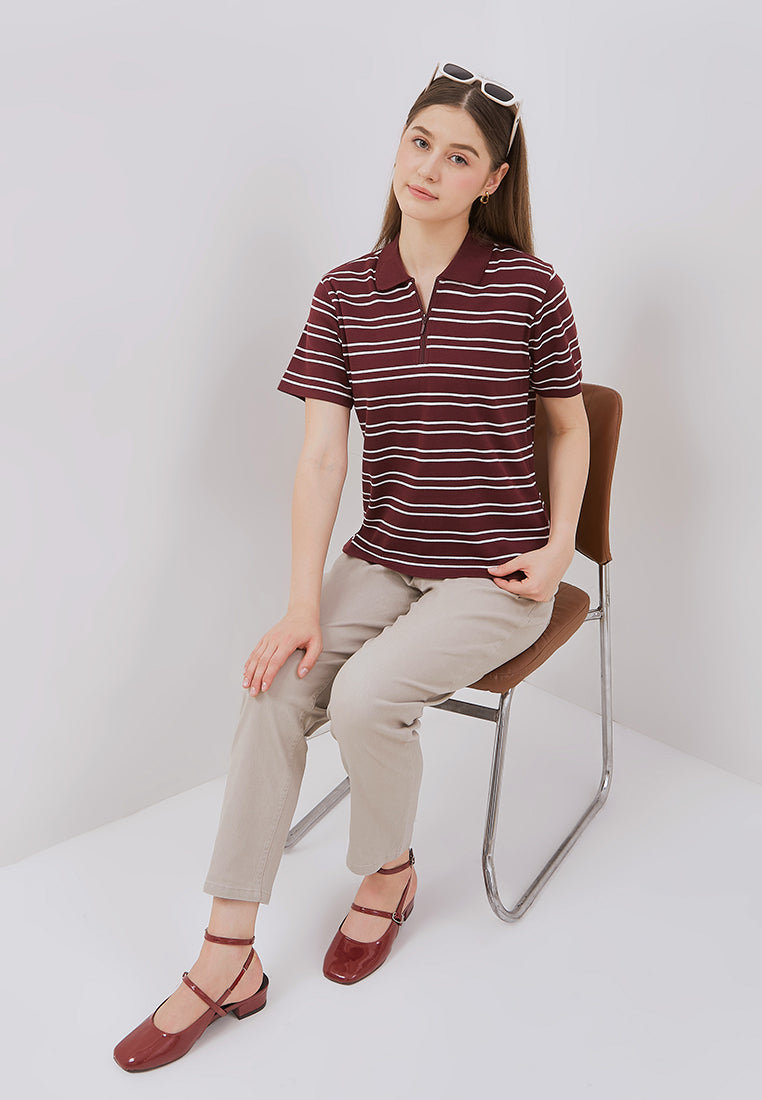 Osella Julia Stripe Rib-Knit Half Polo Shirt