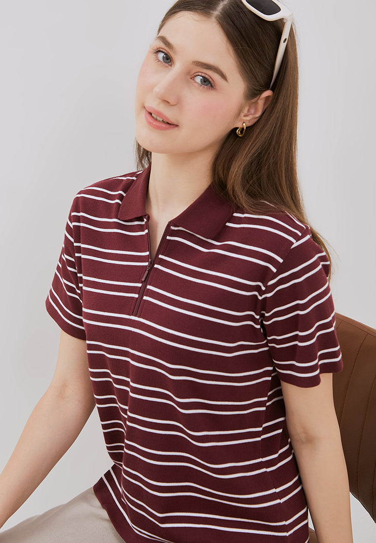 Osella Julia Stripe Rib-Knit Half Polo Shirt