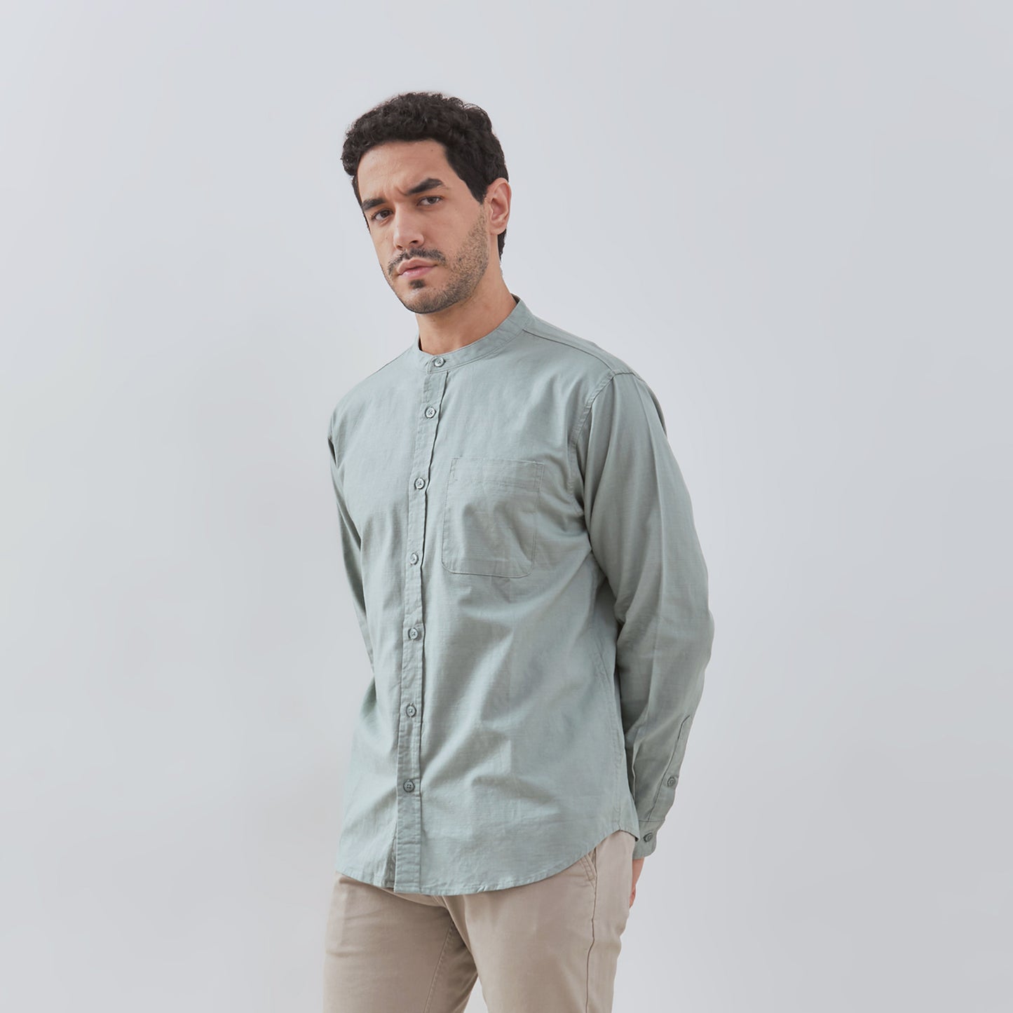 Osella Solid Linen Look Shanghai Collared Long Sleeve Shirt