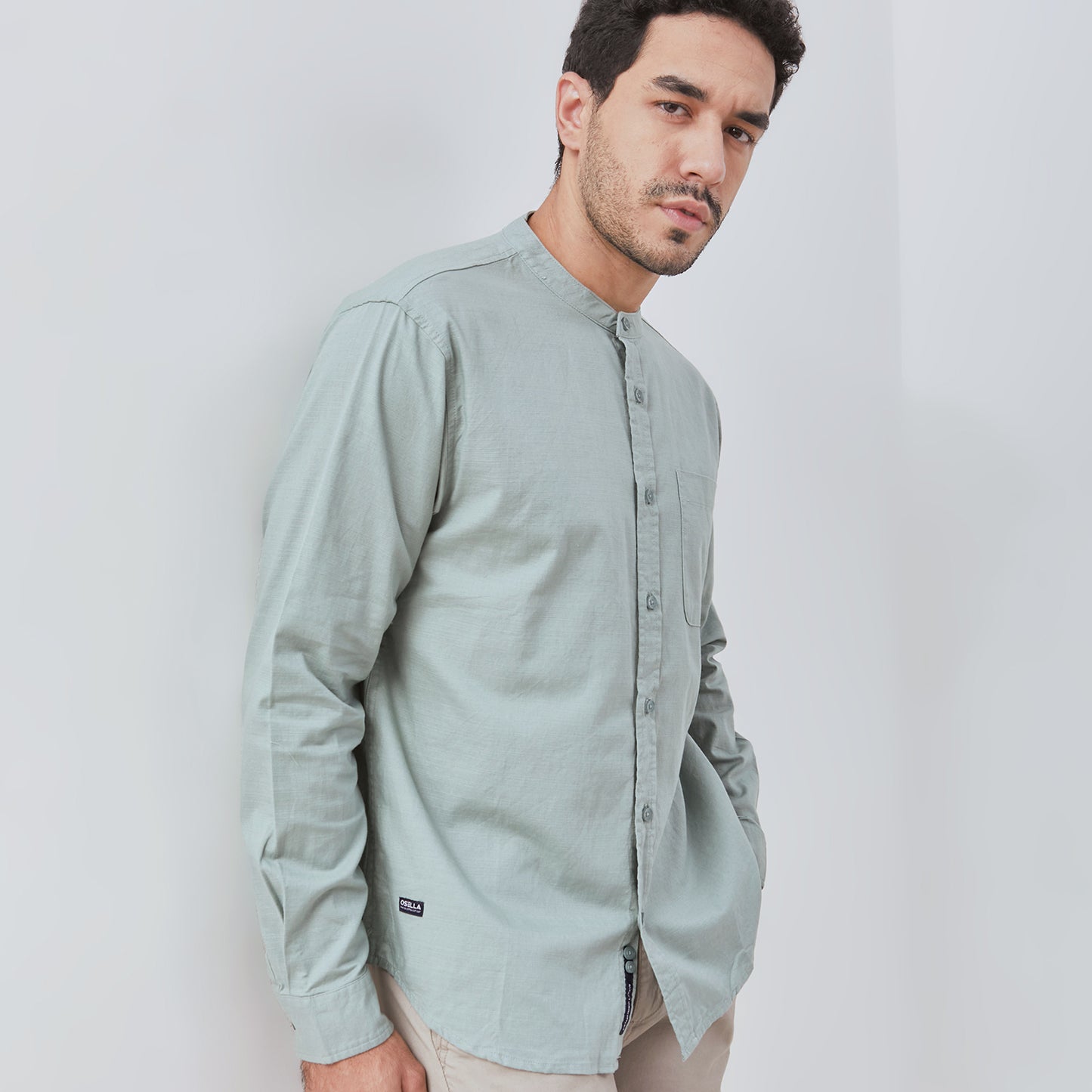 Osella Solid Linen Look Shanghai Collared Long Sleeve Shirt