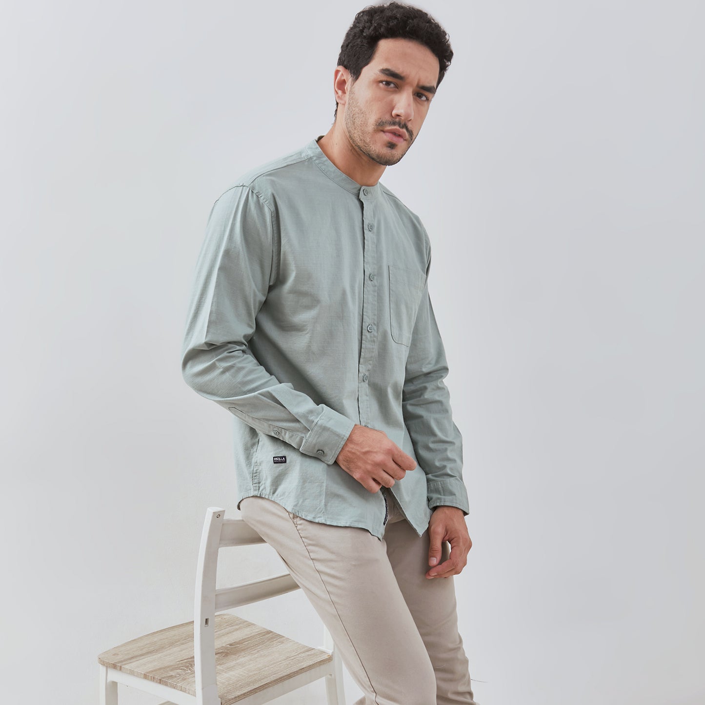 Osella Solid Linen Look Shanghai Collared Long Sleeve Shirt