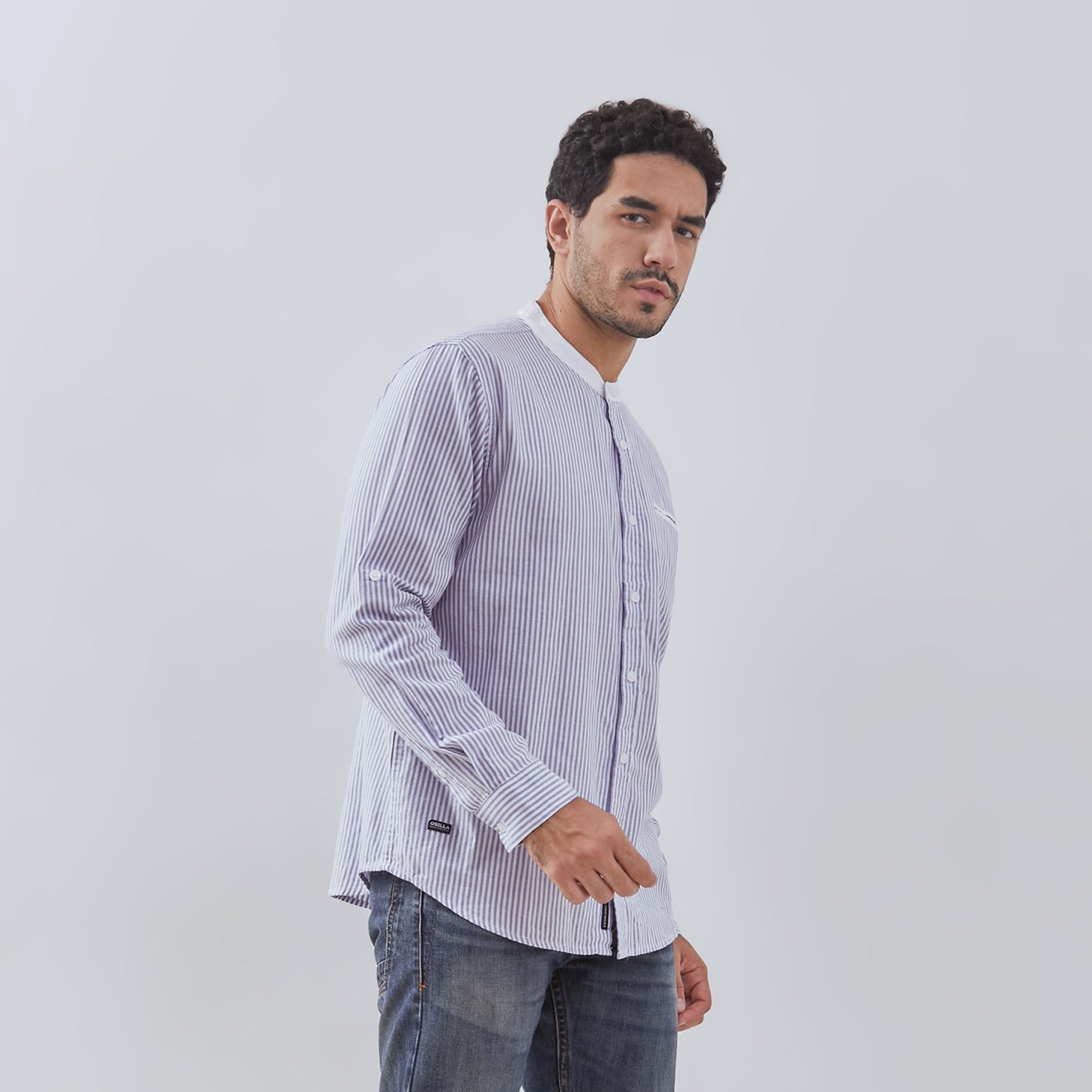 Osella Long Sleeve Small Striped Pattern With Shanghai Collared Shirt In Blue And White