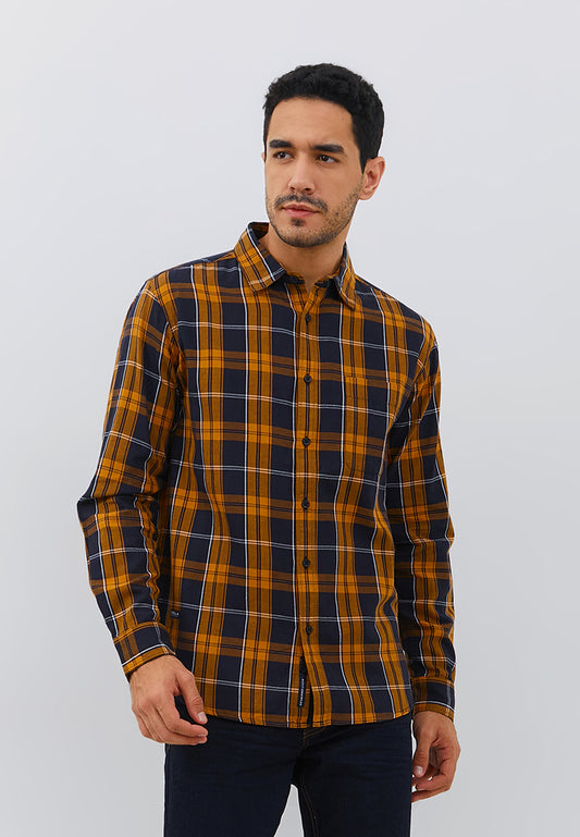 Osella Regular Fit Long Sleeve Checkered Shirt in Mustard-Navy