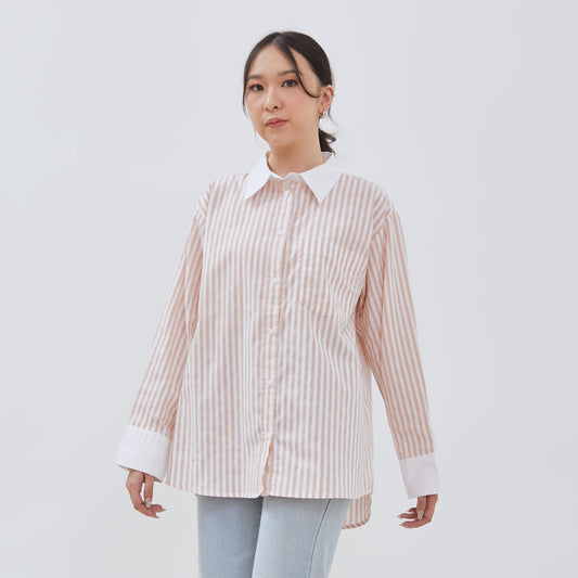 Osella Stripe Long Sleeve Shirt With Contrast Detailing In Light Pink And White