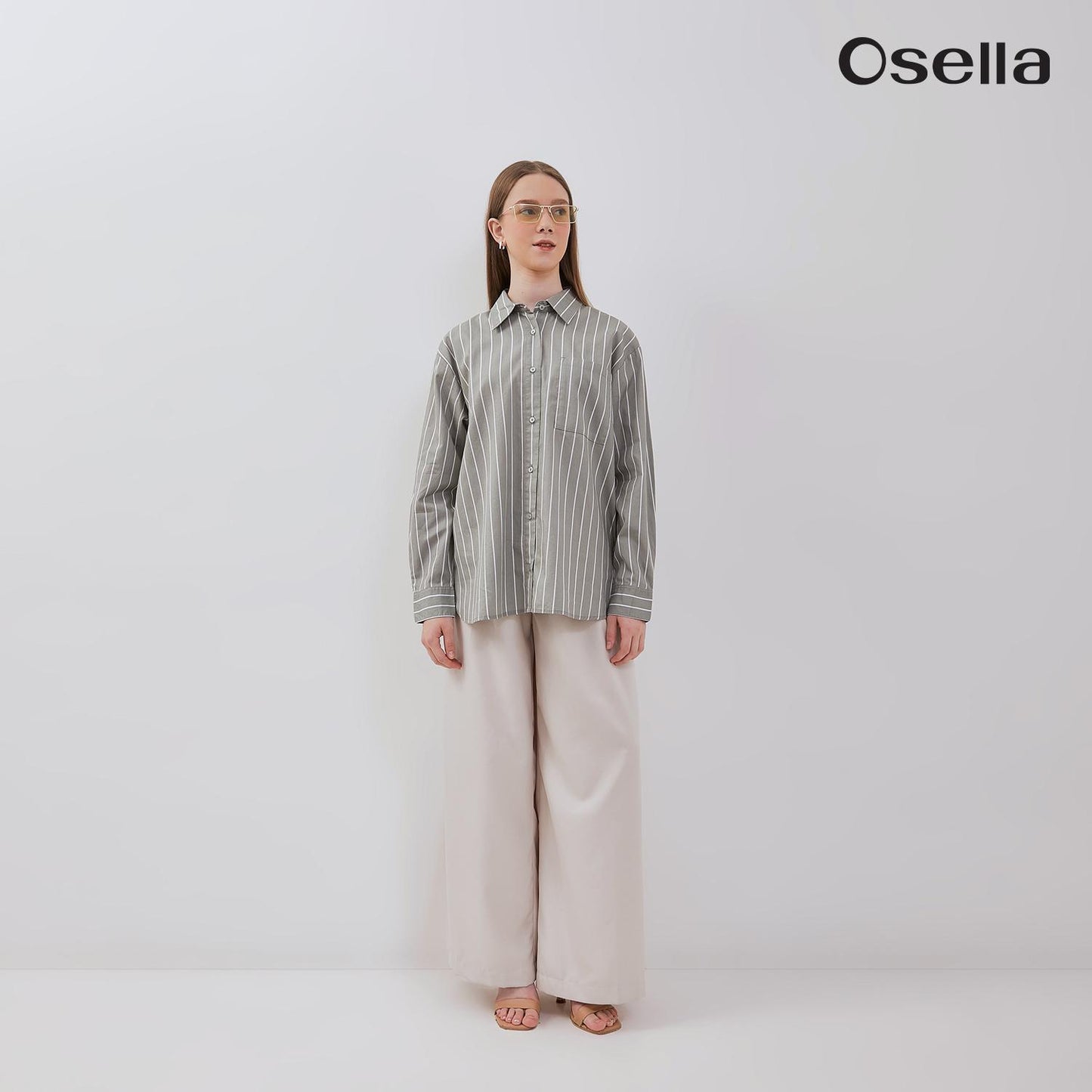 Osella Lucy Reguler Fit Stripe Shirt 21375013 | Atasan Wanita Garis Lengan Panjang