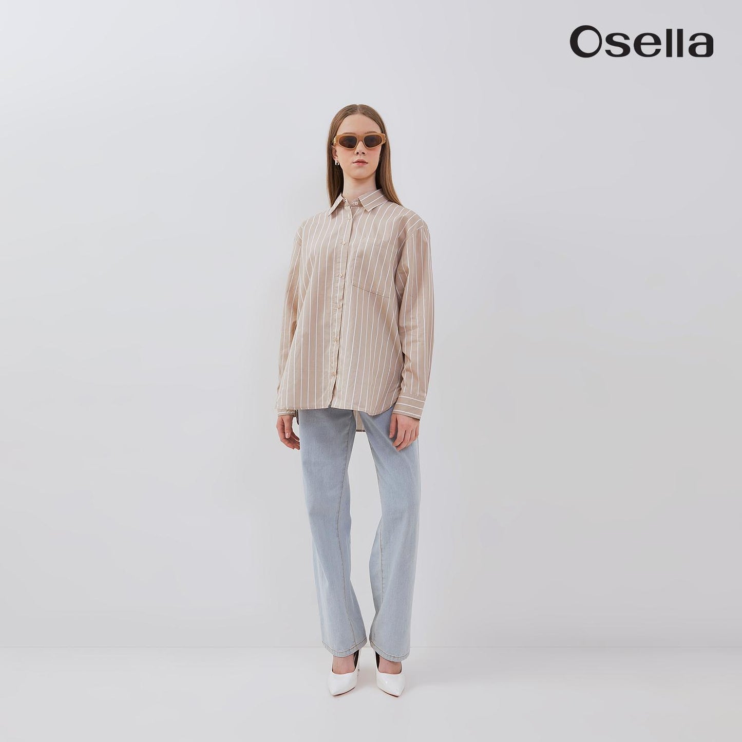 Osella Lucy Reguler Fit Stripe Shirt 21375013 | Atasan Wanita Garis Lengan Panjang