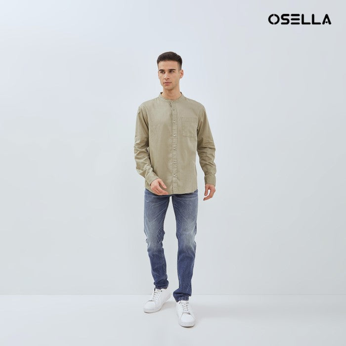 [NEW] OSELLA SOLID HERRINGBONE PATTERN REGULAR FIT LONG SLEEVE COLLARED SHIRT  IN ELM GREEN 2037521198