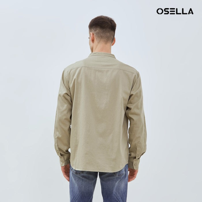 [NEW] OSELLA SOLID HERRINGBONE PATTERN REGULAR FIT LONG SLEEVE COLLARED SHIRT  IN ELM GREEN 2037521198