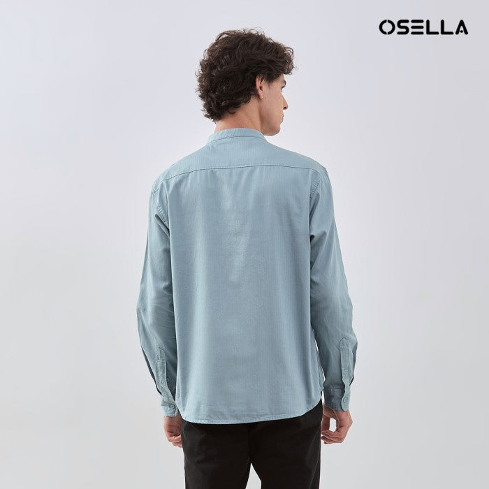 [NEW] OSELLA HERRINGBONE LONG SLEEVE SHANGHAI COLLAR SHIRT IN SILVER BLUE