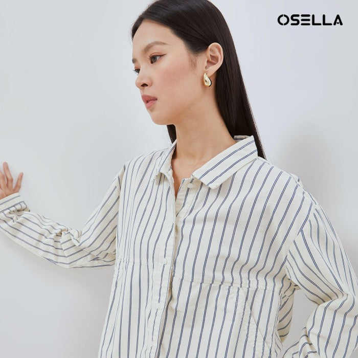 [NEW] OSELLA LEXA STRIPED SHACKET IN OFF WHITE AND NAVY 2137500301 | Atasan Garis Garis Lengan Panjang