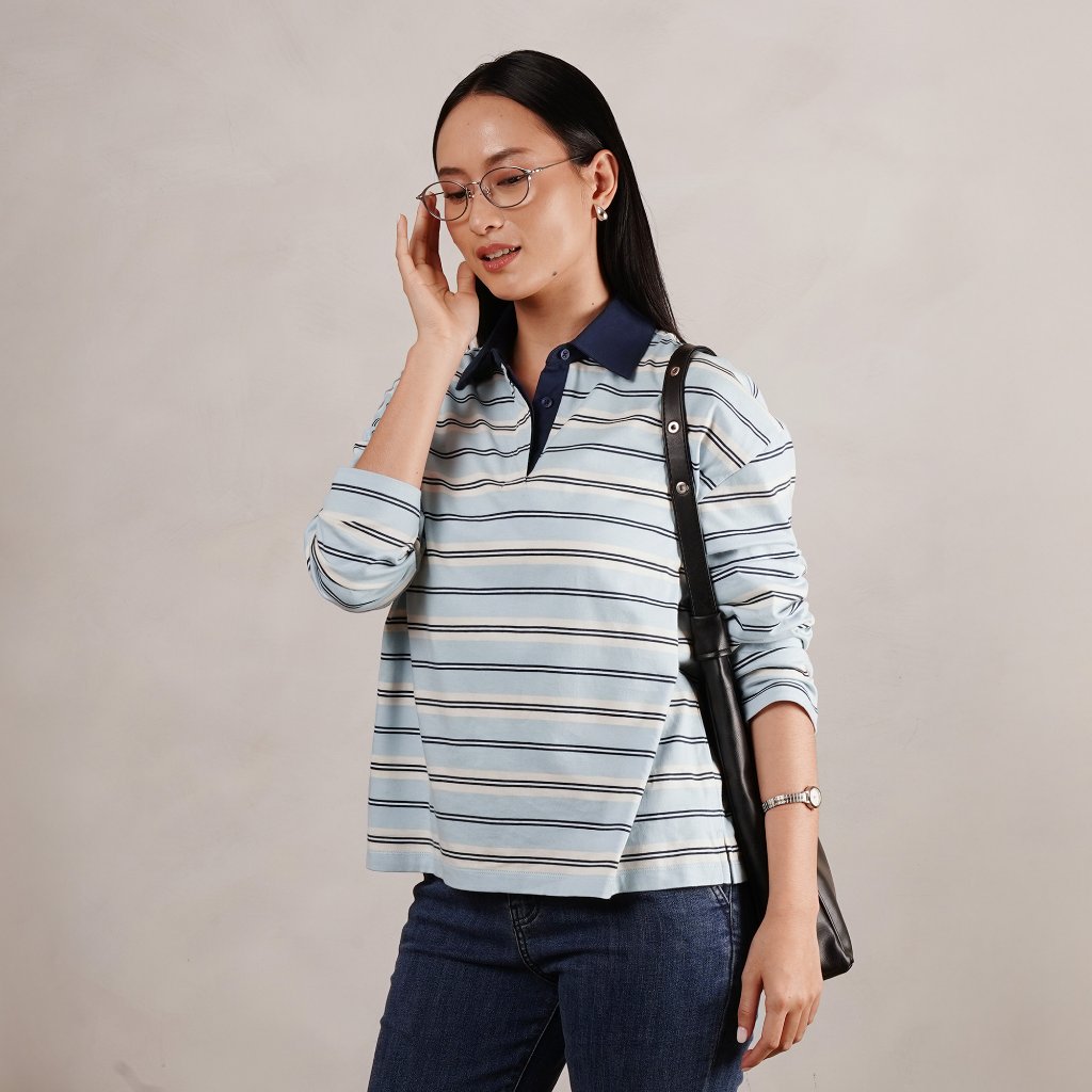 Osella Stripe Rugby Top 21276602 | Atasan Blouse Garis Garis Lengan Panjang Wanita