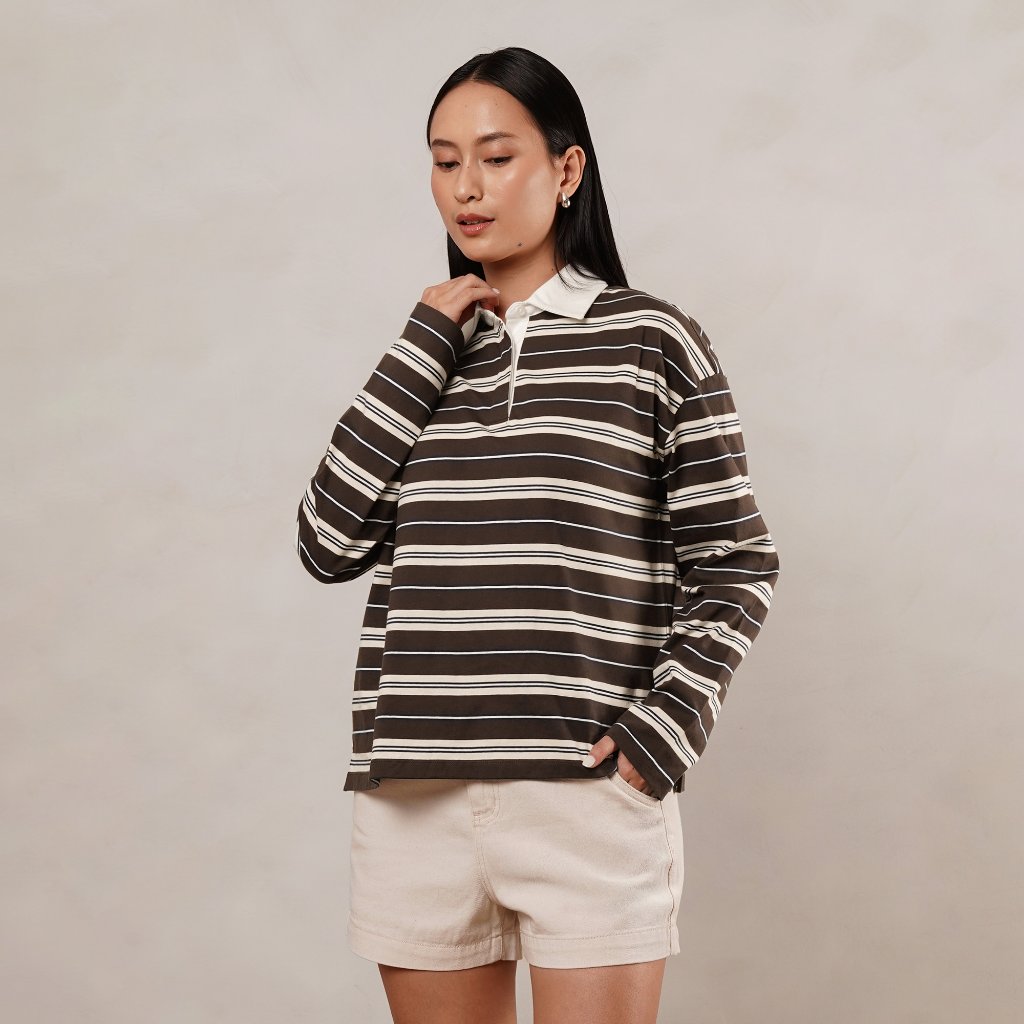 Osella Stripe Rugby Top 21276602 | Atasan Blouse Garis Garis Lengan Panjang Wanita