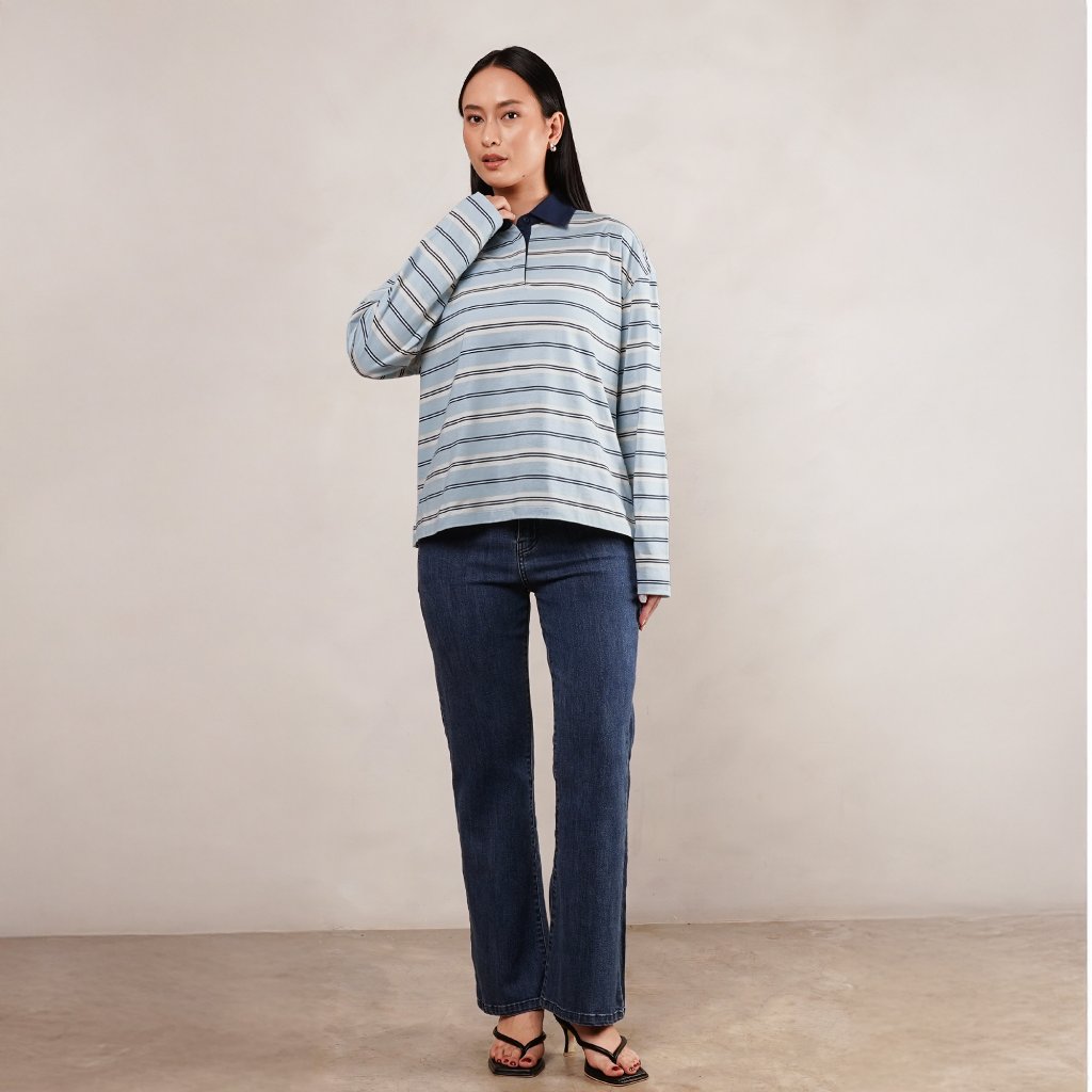 Osella Stripe Rugby Top 21276602 | Atasan Blouse Garis Garis Lengan Panjang Wanita
