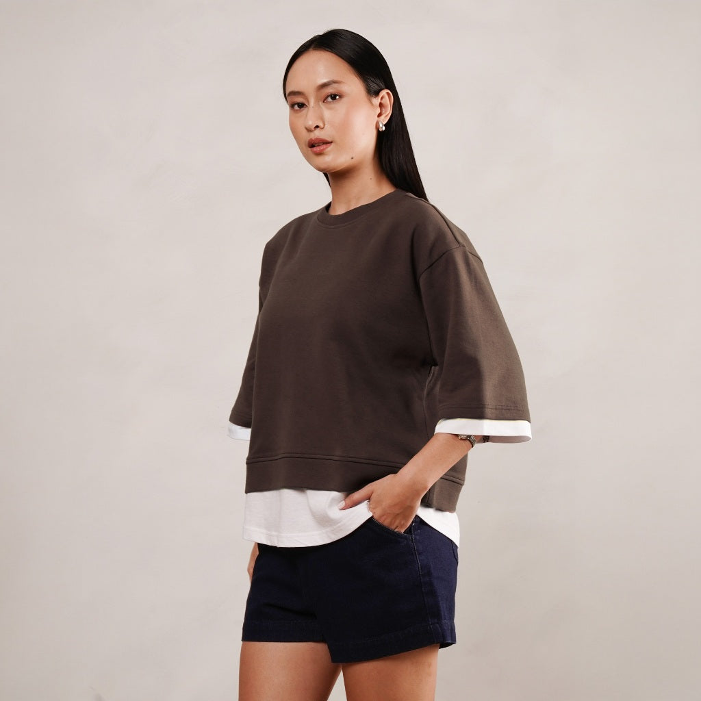 Osella Layered Top In Brown 2111660256 | Atasan Kemeja Wanita Lengan Panjang