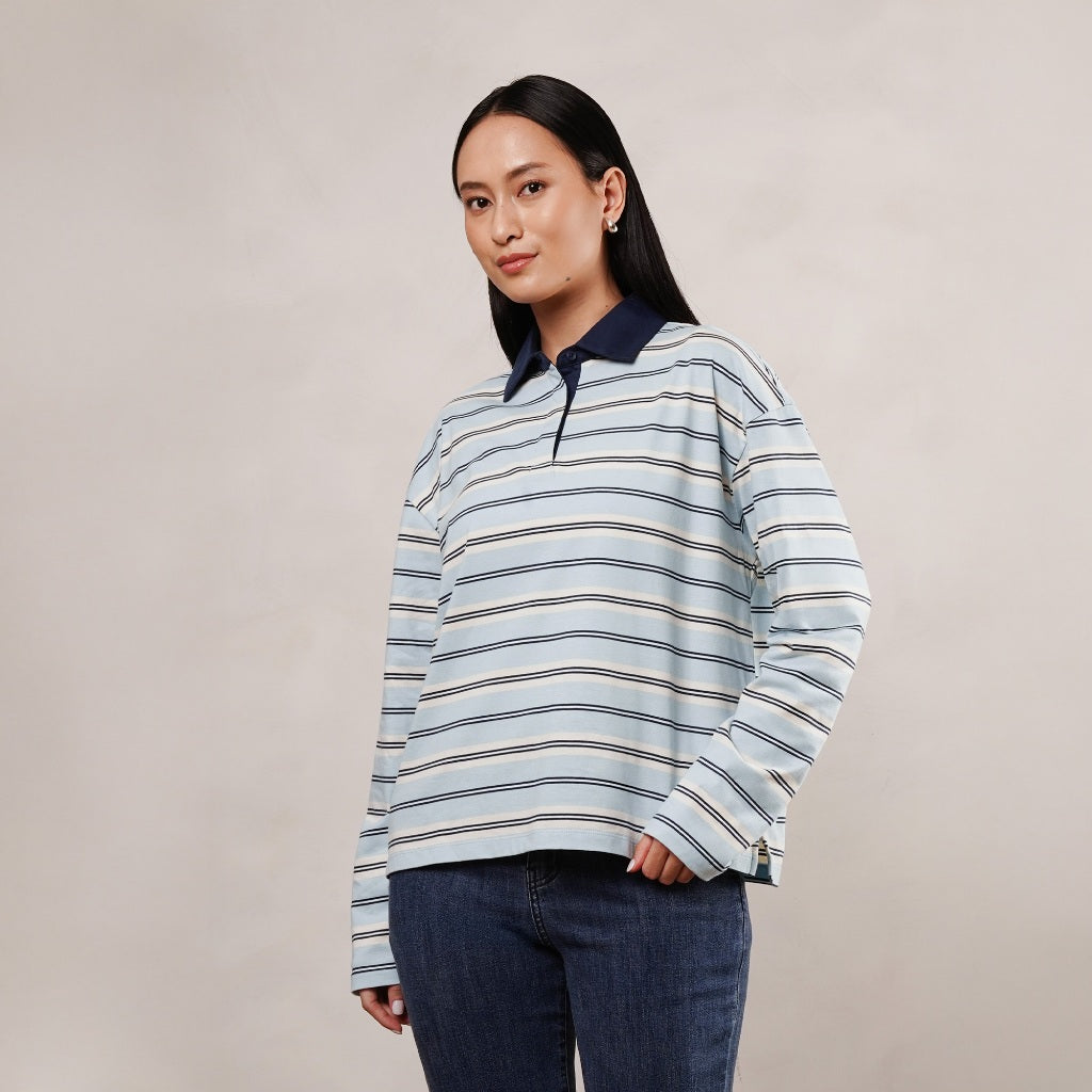 Osella Stripe Rugby Top 21276602 | Atasan Blouse Garis Garis Lengan Panjang Wanita