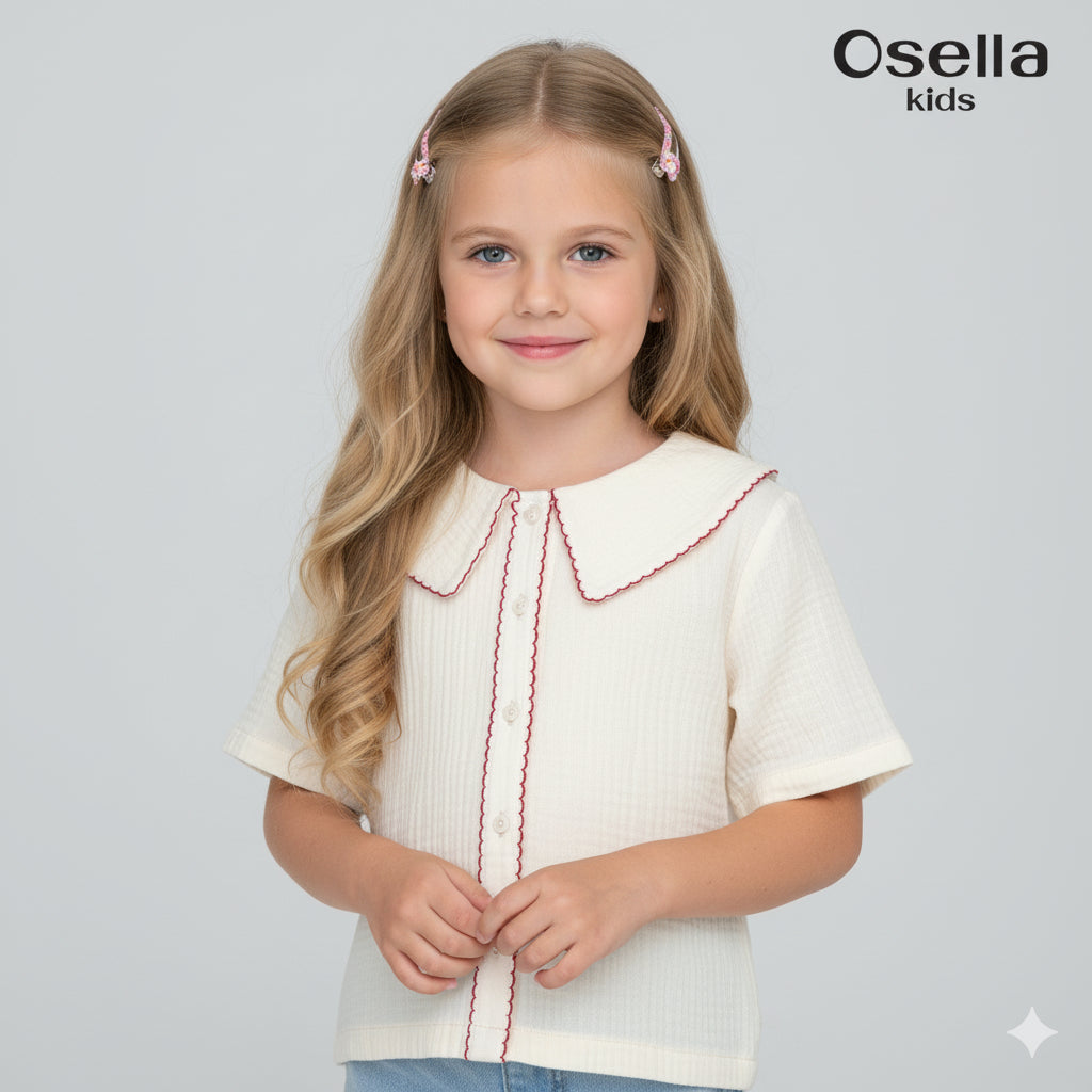 Osella Short Sleeve Blouse With Red Detailing